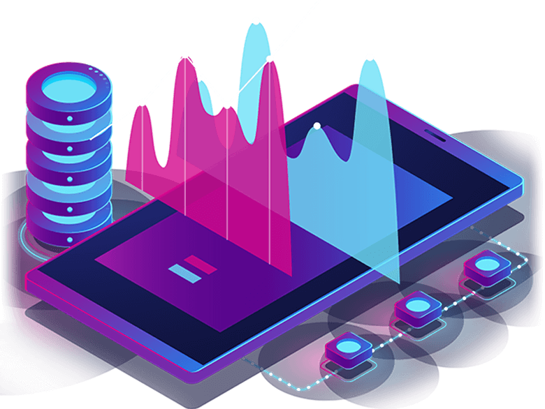 AI-driven data analytics on a smartphone with digital graphs and data visualization tools.