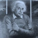 E=mc^2 chalkboard with Einstein, science and physics inspiration, digital artwork promoting innovation in technology and data solutions for businesses.