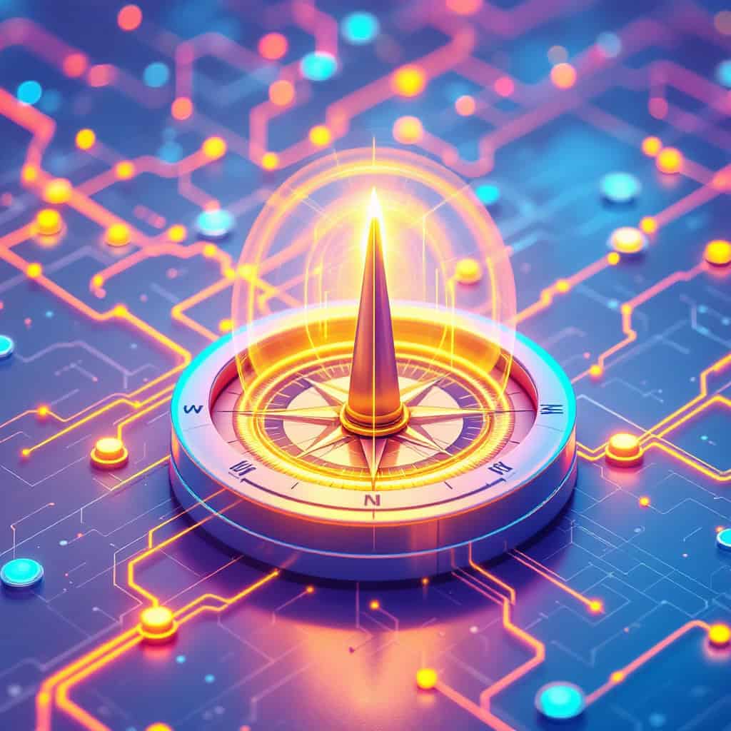 Futuristic digital compass glowing with vibrant orange and blue neon lights, symbolizing navigation, innovation, and technological direction in digital solutions.